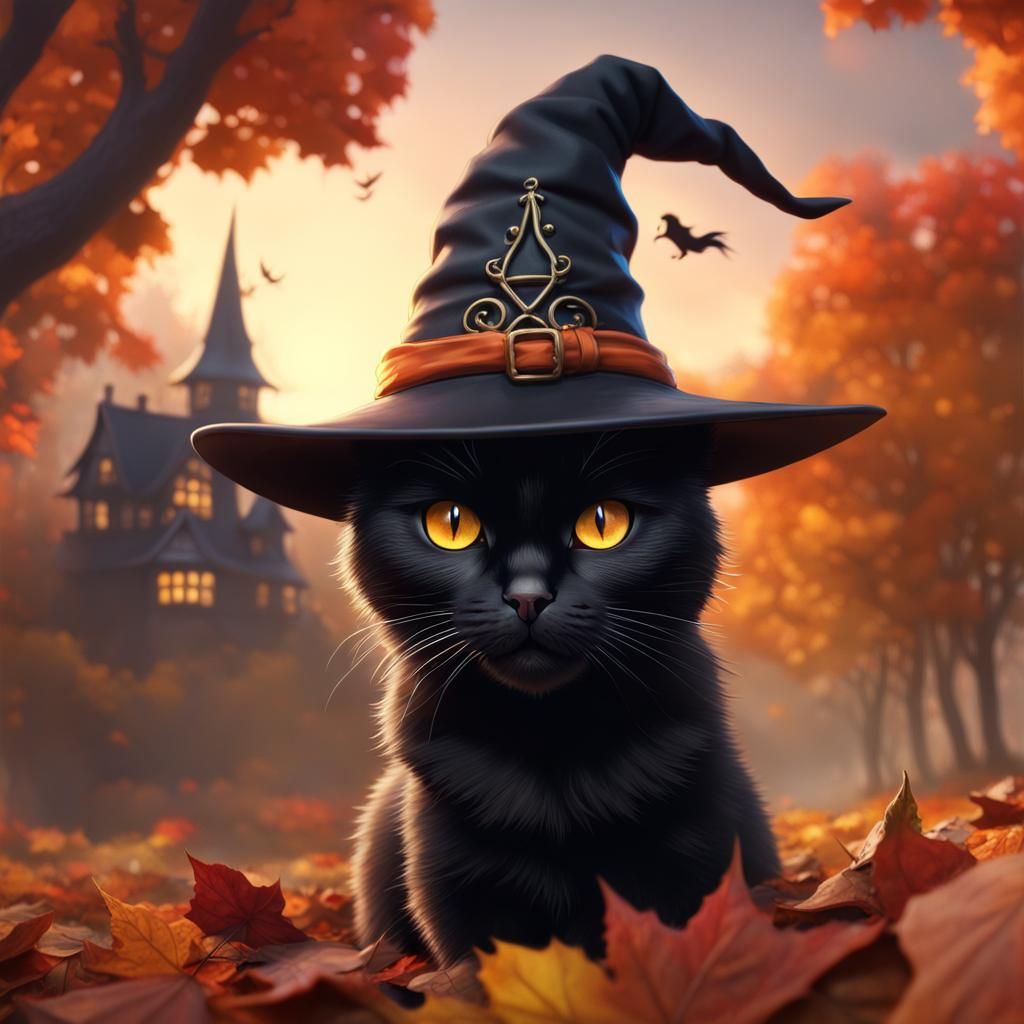 Black Cat in Witch Hat, Autumn Scene