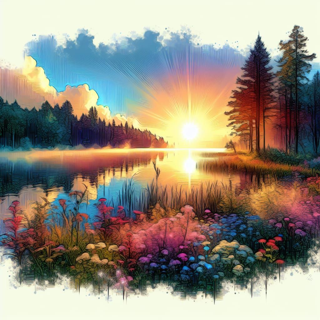 Embroidered Forest Lake at Dawn in Pastel Colors