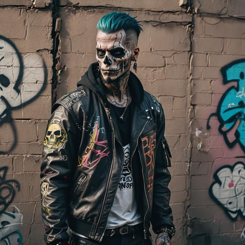 Cyberpunk Skull Tattoo Man in Graffiti Alley