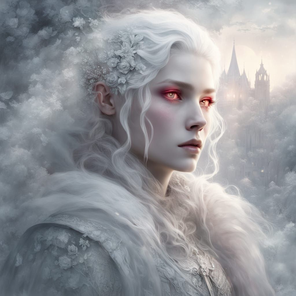 Ethereal Albino Woman in Snowy Town
