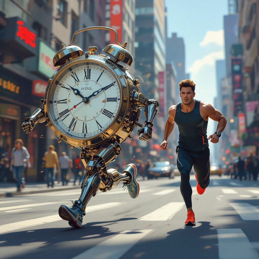 Mechanical Clock Runs Through City in Futuristic Art Style