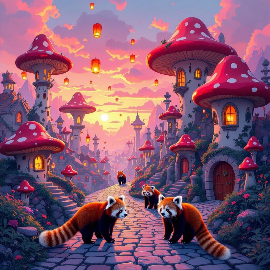 Surreal Red Panda Cityscape with Mushroom Buildings