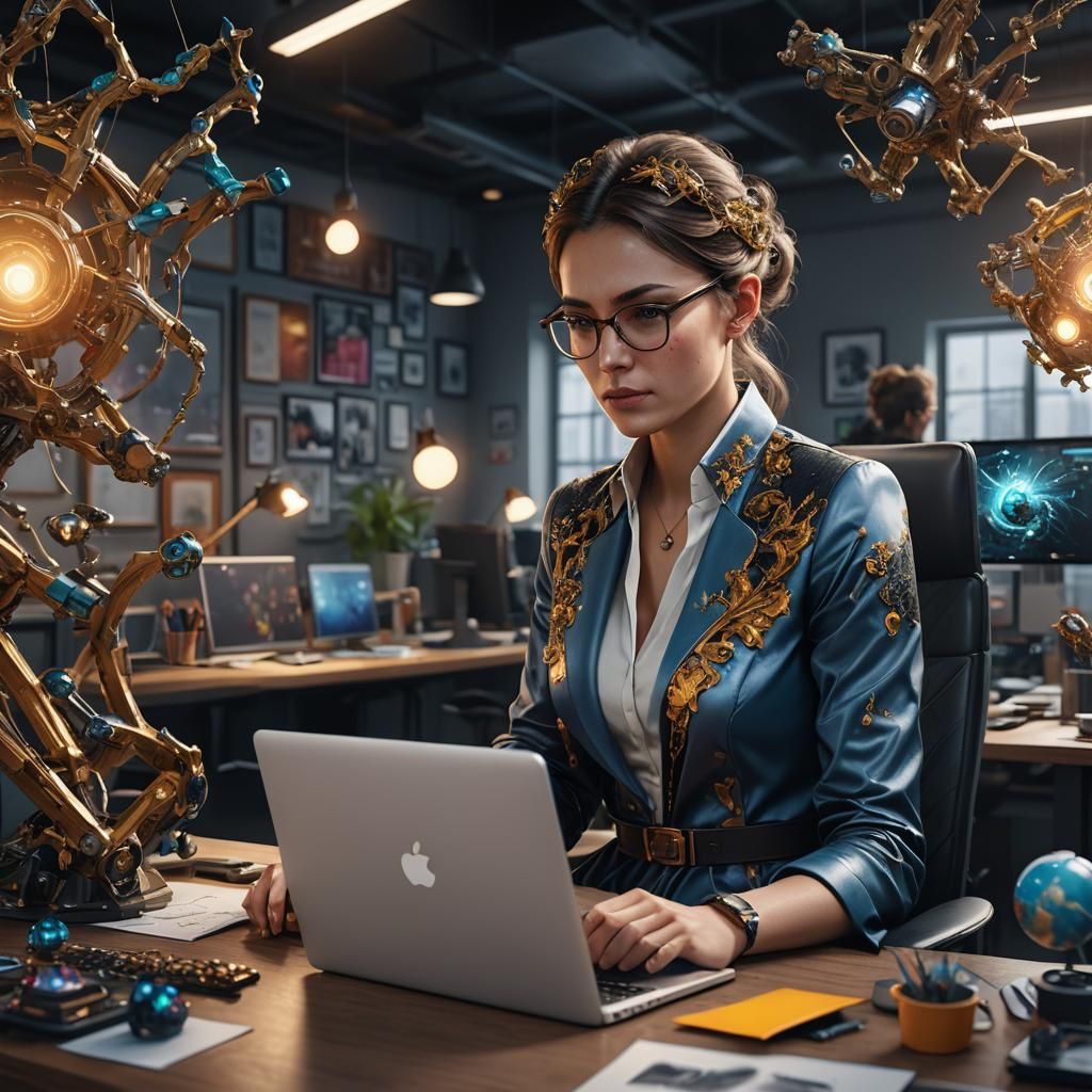 Realistic 3D Woman Designer Working in Office