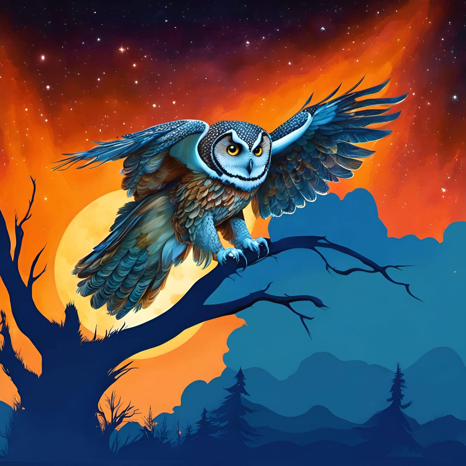 Detailed Owl Portrait Under Night Sky