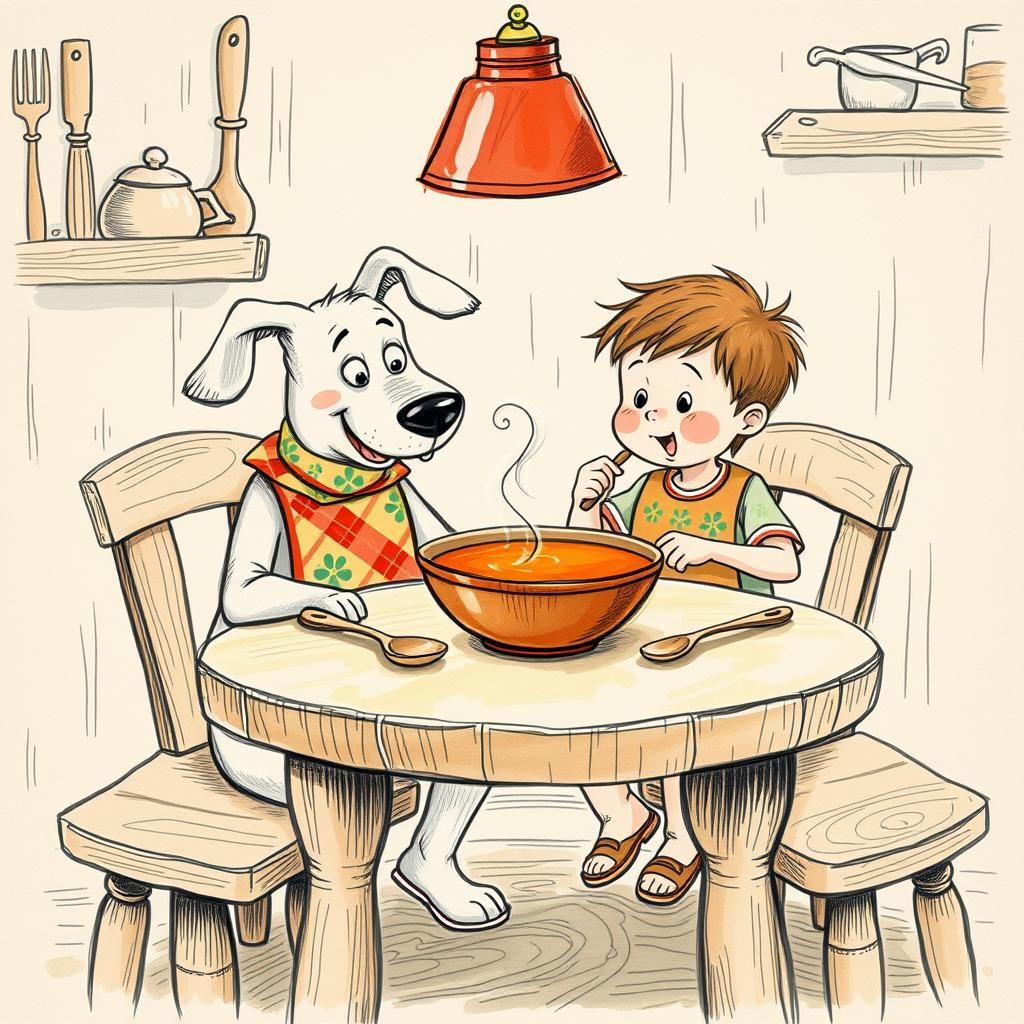 Boy and Dog Enjoying Soup: Whimsical Illustration