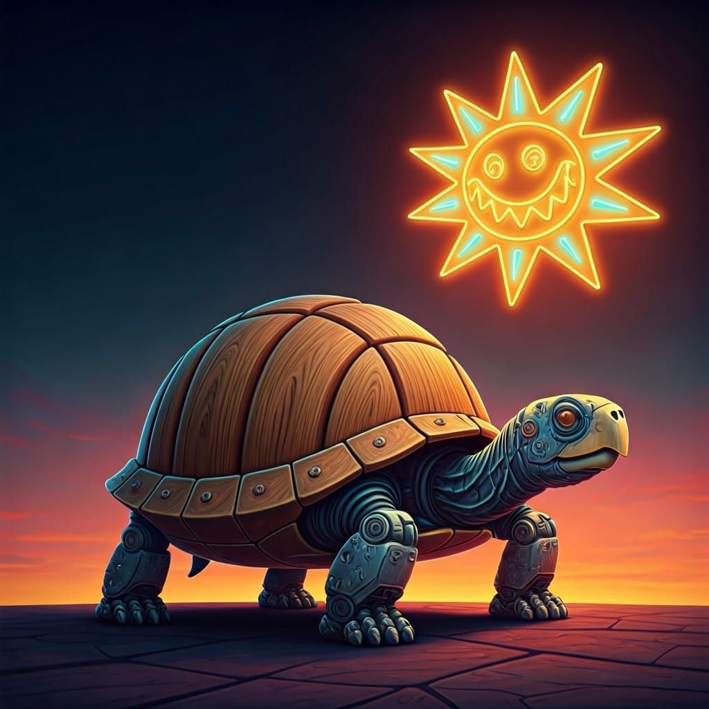 Robotic Turtle with Wooden Shell in Cartoon Style