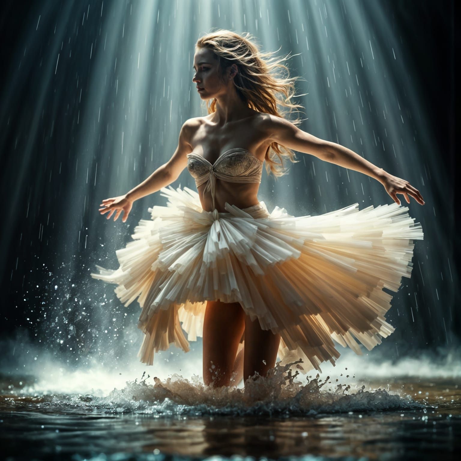 Ballet Dancer in Hyper Realistic Rainy Scene