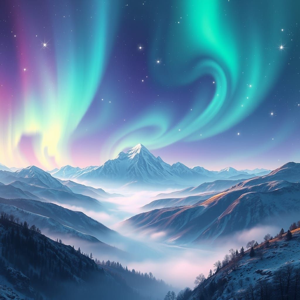 Psychedelic Aurora Over Snow-Capped Mountains