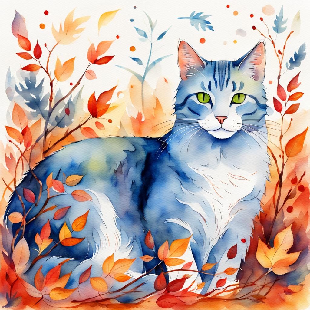 Mystical Autumn Cat Spirit in Watercolor Fantasy