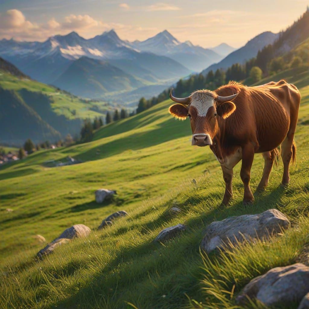 Majestic Swiss Alps Oil Painting with Grazing Cows