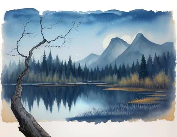 Moonlit Lake Landscape in Gouache and Watercolor