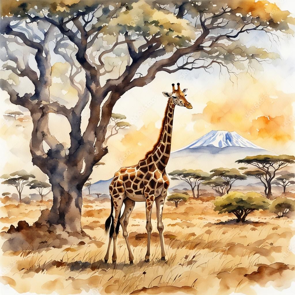 Giraffe Grazing at Sunset: Watercolor Painting