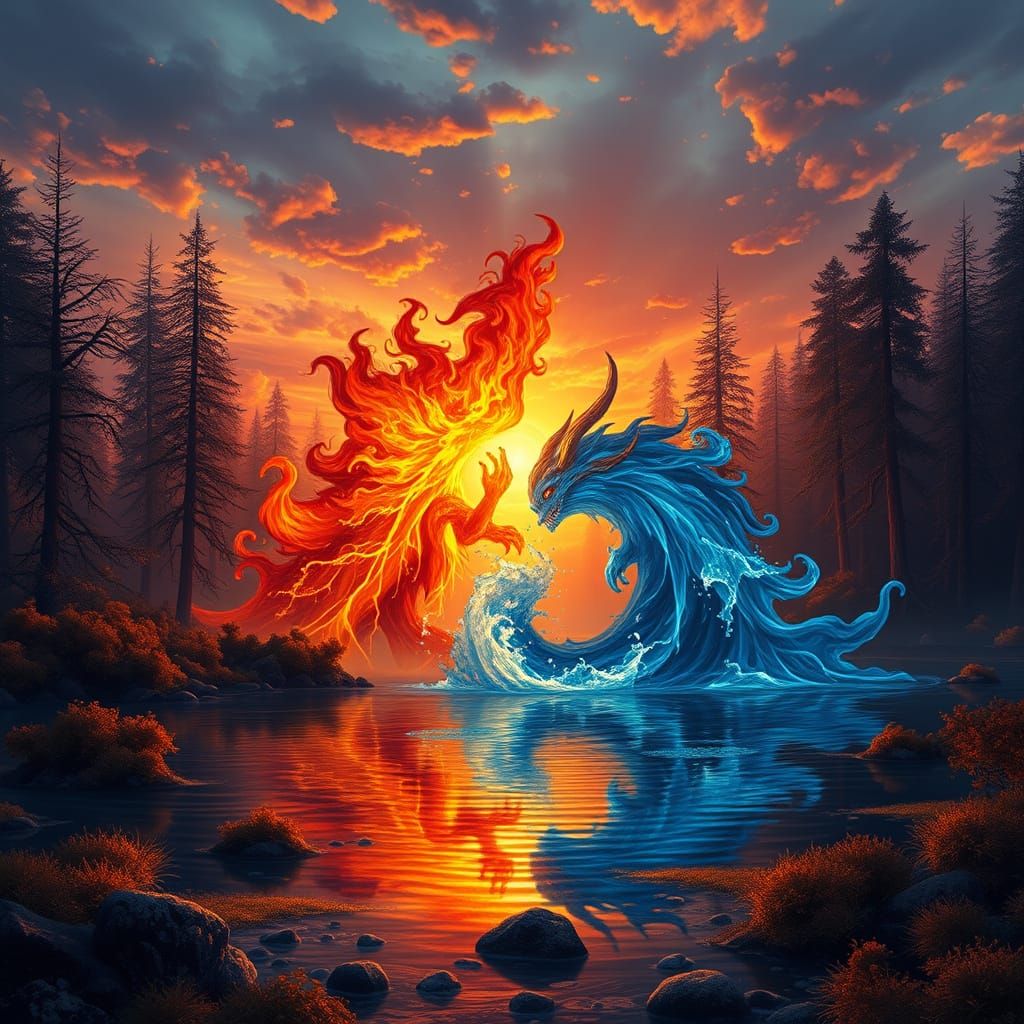 Fire and Water Embracing in a Sunset Forest