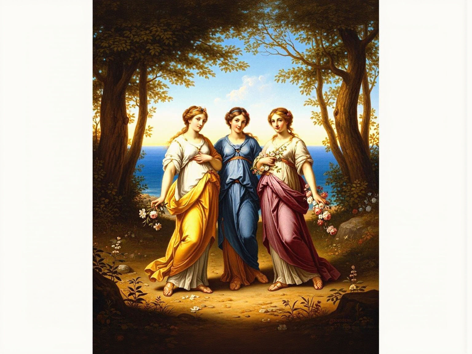 Three Graces in Luxury Greek Scene, Rembrandt-Inspired Oil P...