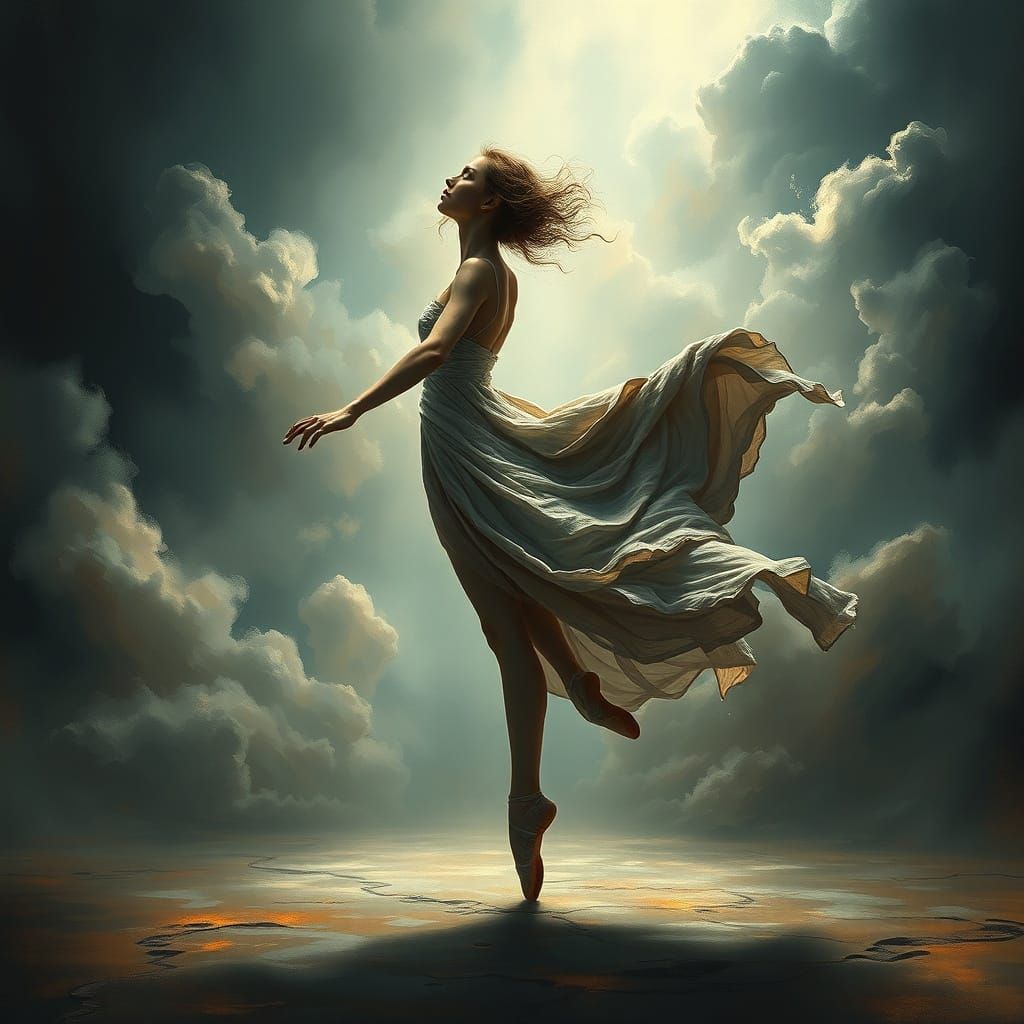 Dreamscape Ballet: Ethereal Dancer in Psychological Abyss