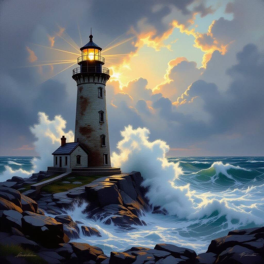depict a lighthouse standing proudly on a rocky coastline, battered by crashing waves and howling winds. Despite the sto...
