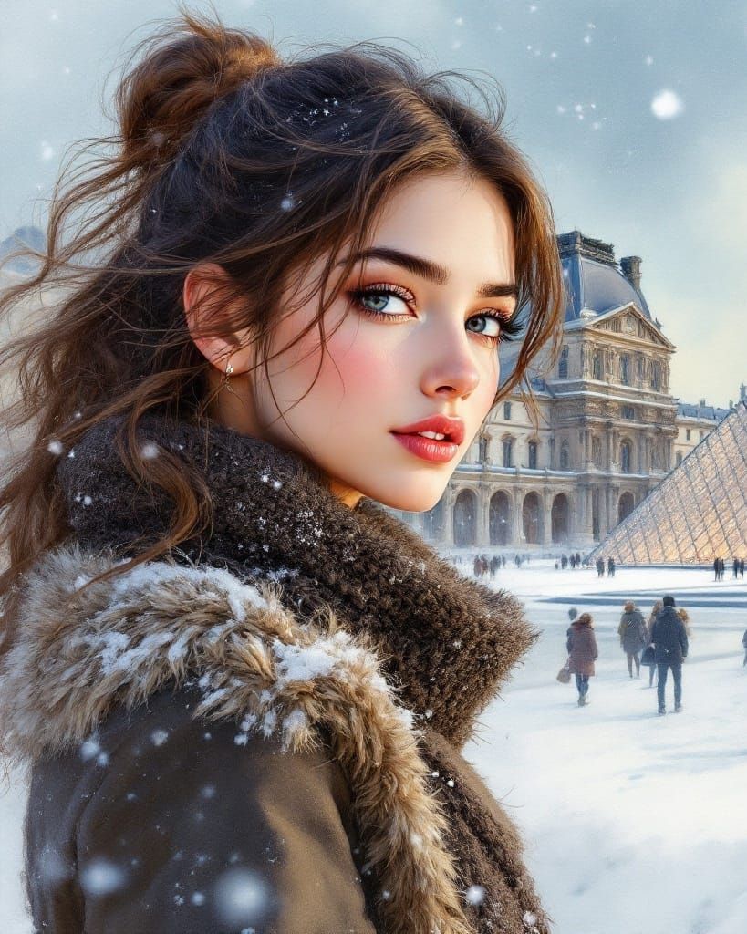 Elegant Young Woman in Winter at the Louvre Museum