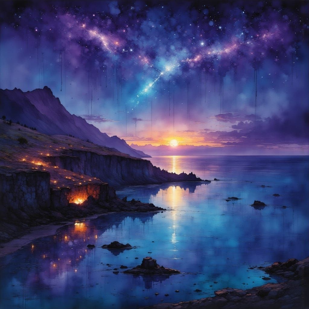 Bioluminescent Parade Over Hawaiian Volcano at Twilight