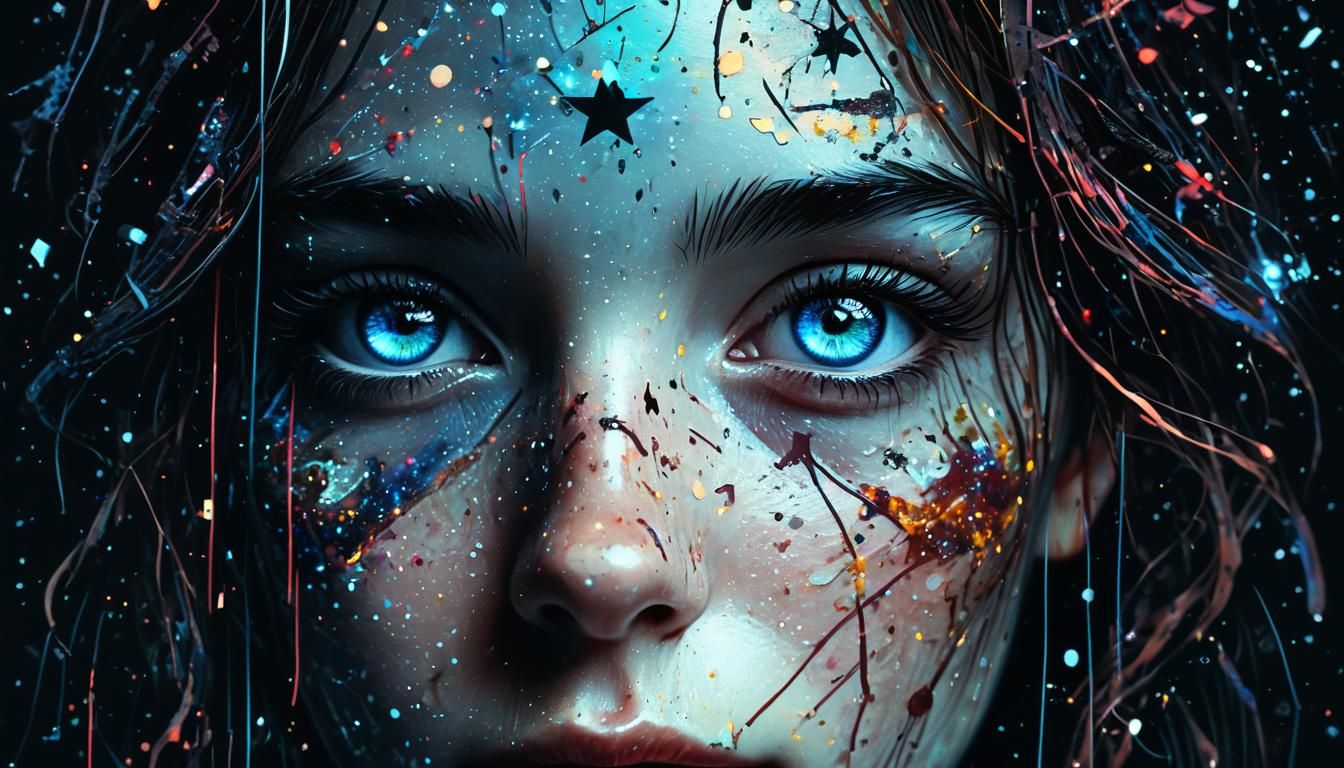 Galactic Eyes: Glitchy VHS Beauty in Dark Studio