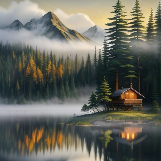 Surreal Watercolor Painting of a Serene Mountain Lake Cabin