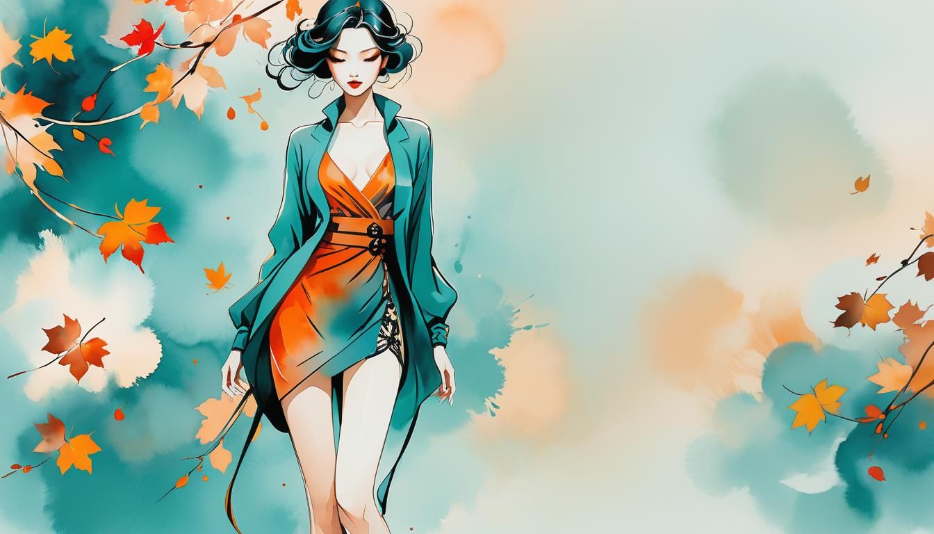 Japanese Woman in Eccentric Pose, Fashion Sketch Style