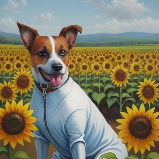 A Jack Russell Dog wearing a sunflower dress