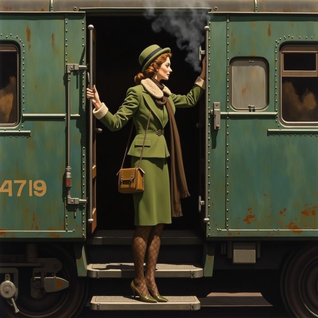 Glamorous Woman Disembarking Train, Hopper Style
