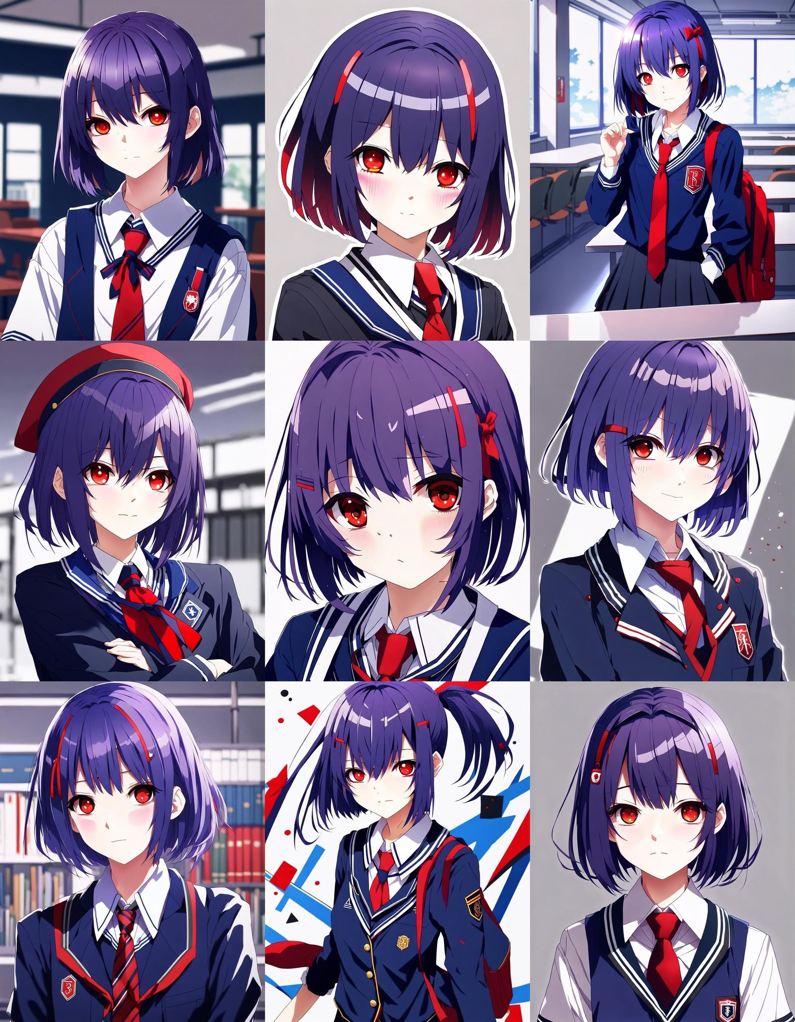 Purple hair anime girl, red eyes, dark blue college uniform, red tie, short bob hairstyle