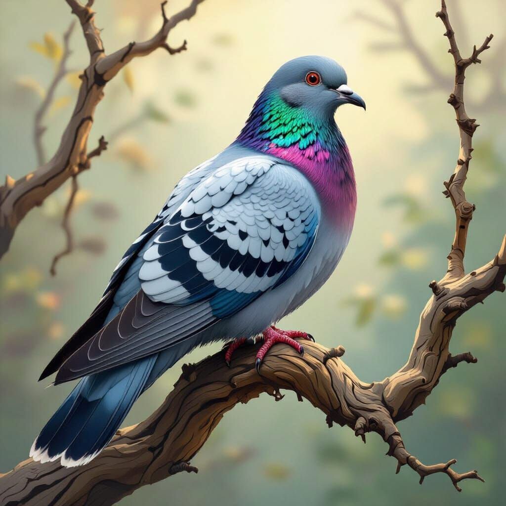 Iridescent Pigeon on Branch in Realistic Style