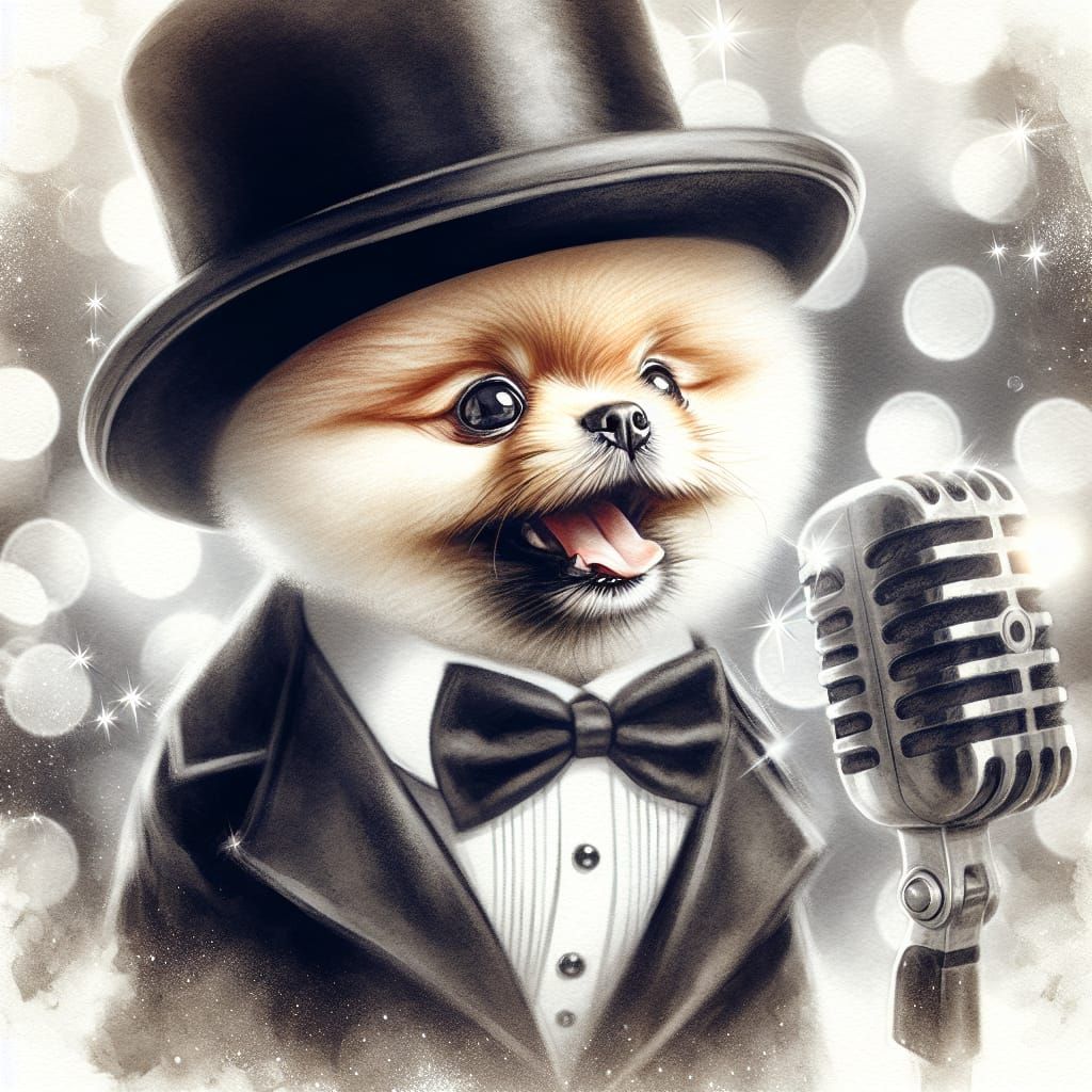 Charming Pomeranian Showstopper in Tuxedo and Top Hat