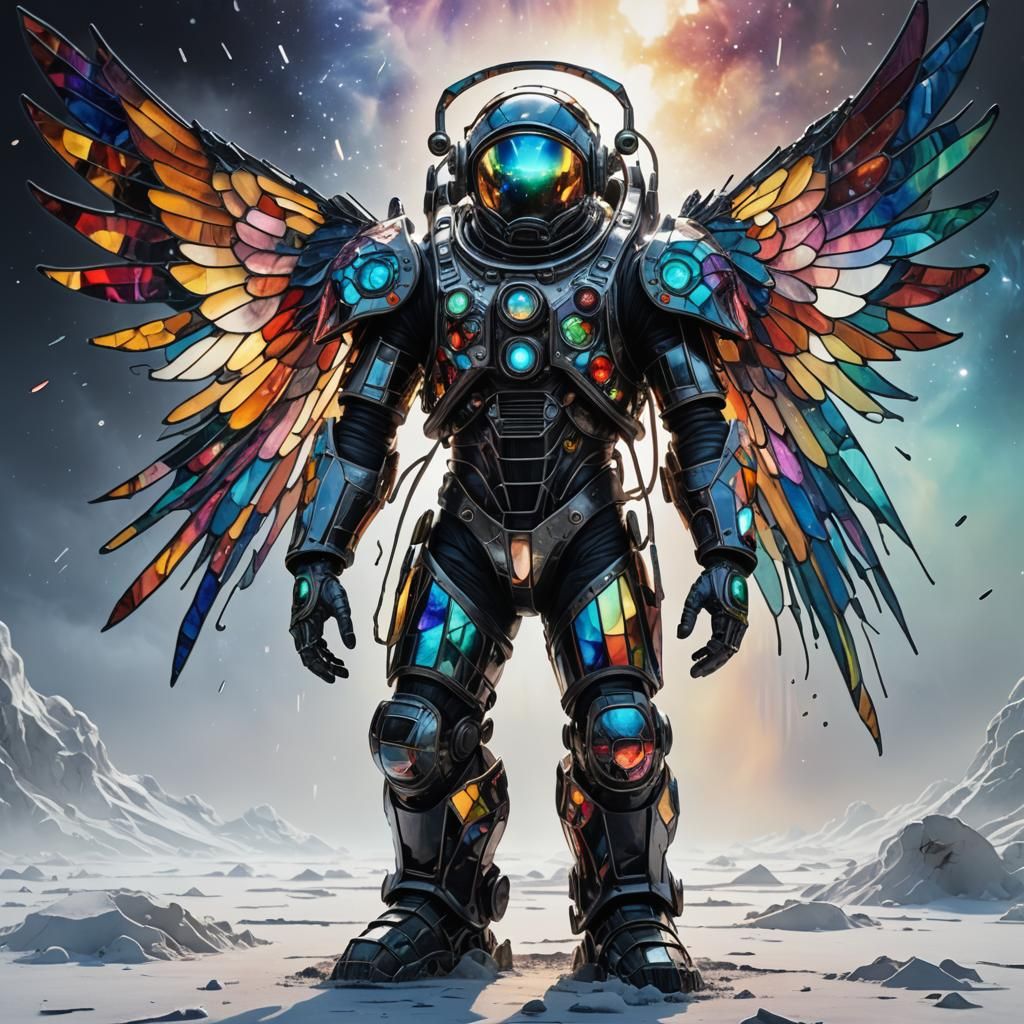 Biomechanical Astronaut with Stained Glass Wings