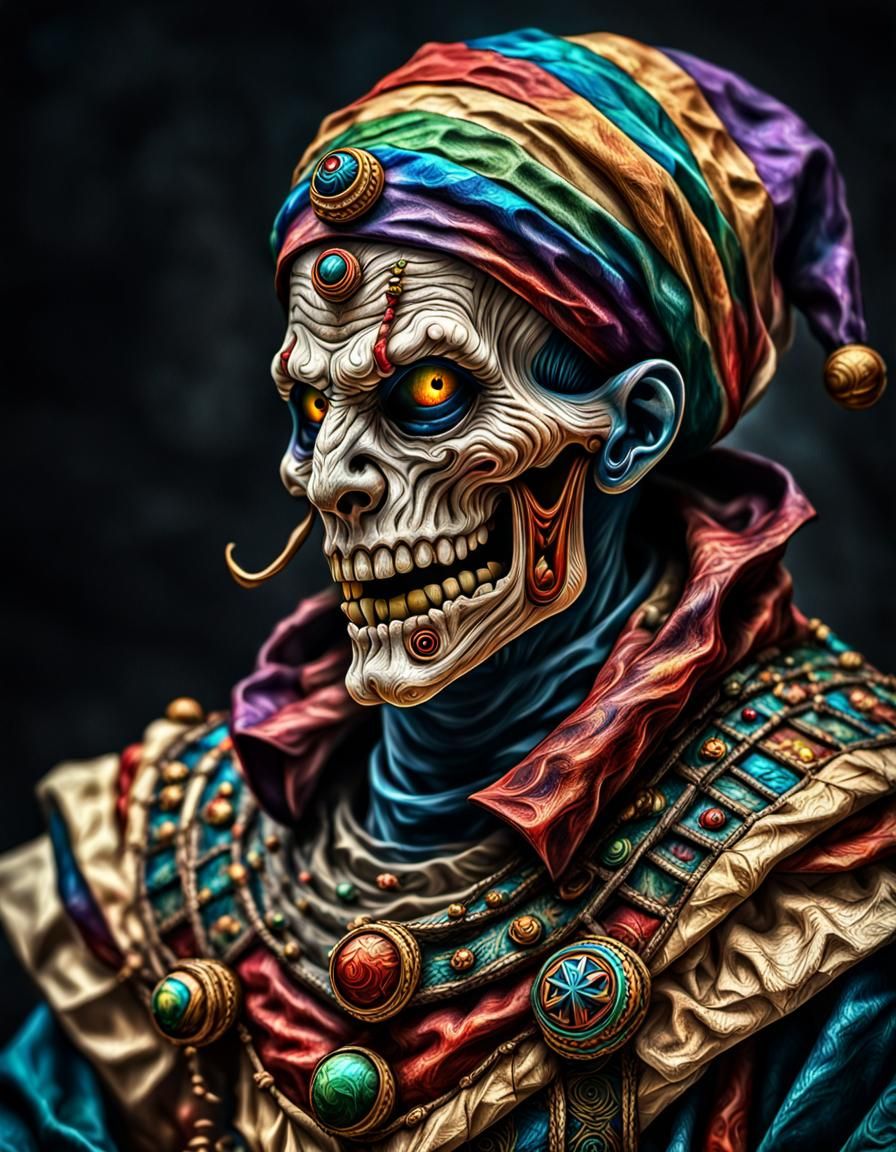 Hyperrealistic Jester Mummy Bursting From Wraps