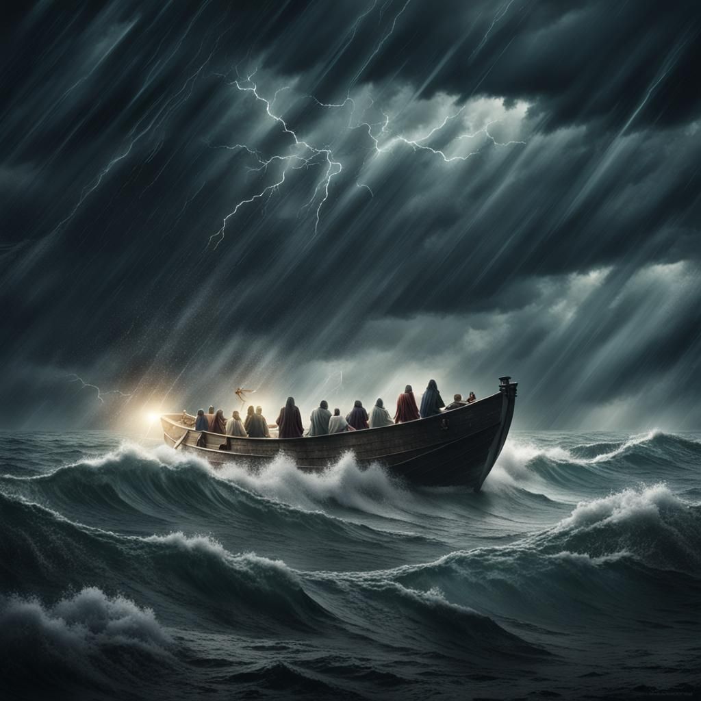 Jesus Walks on Water During Storm: Cinematic View