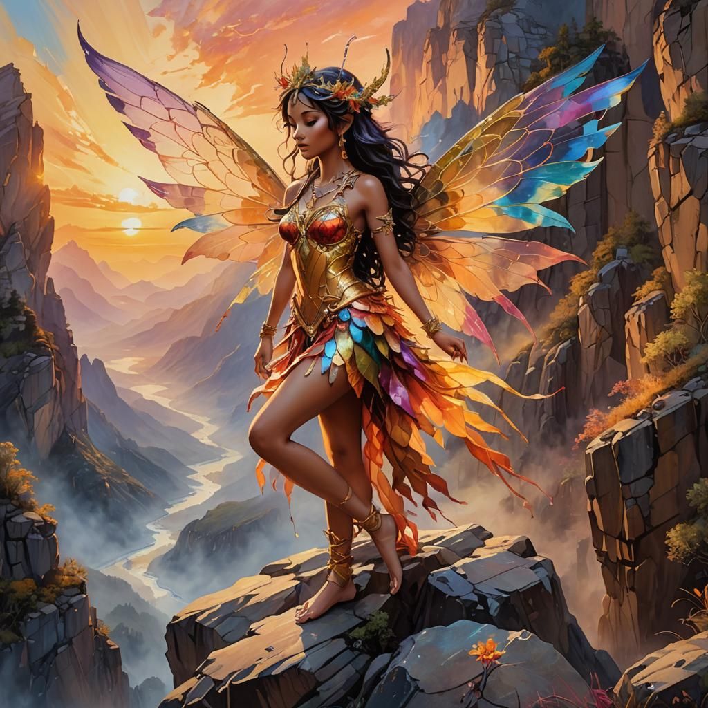 Exotic Fairy on Mountain Ledge at Sunset