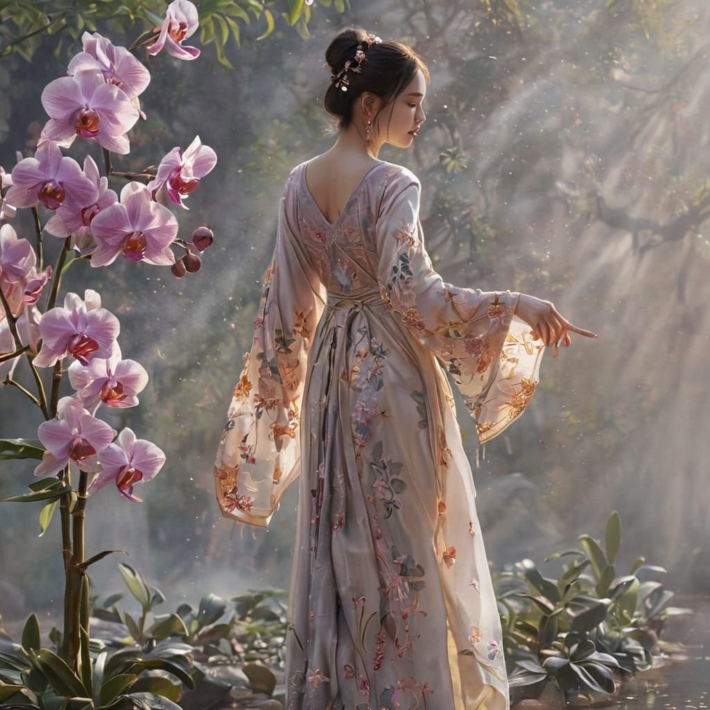 Woman in Hanfu Reaches for Orchid in Lush Indoor Garden