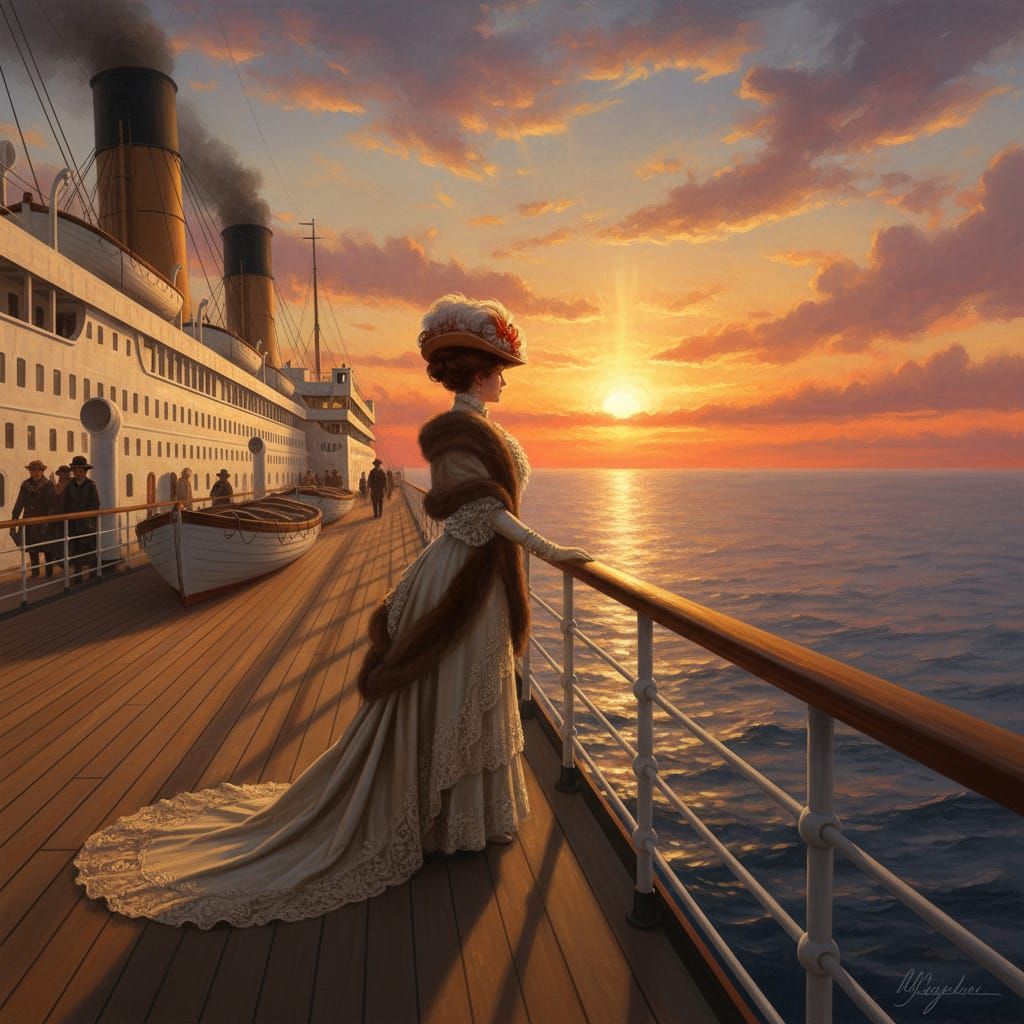 Woman Gazes at Sunset on Titanic Deck