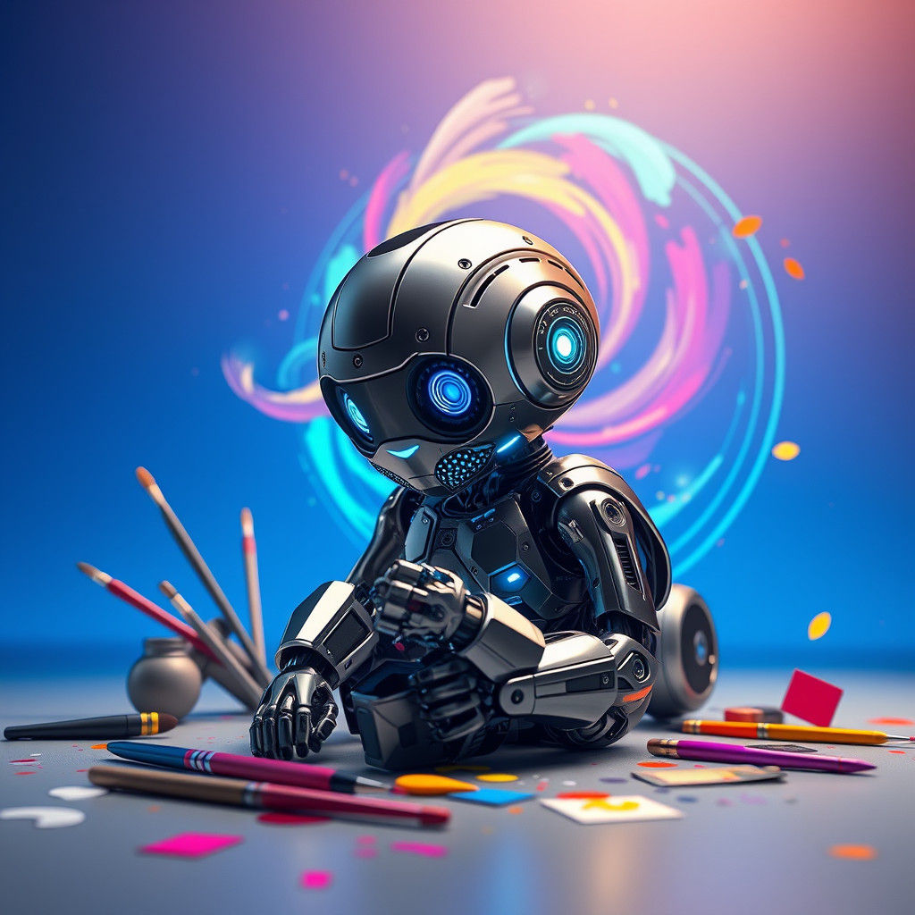 Robot Learns AI Art in Dreamlike Digital Scene