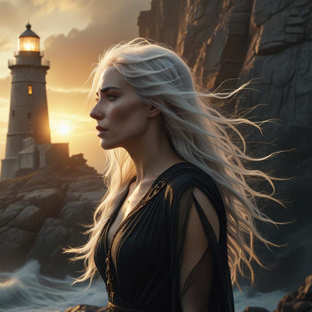 Mysterious Woman and Ancient Lighthouse, Hyper-Realistic Art