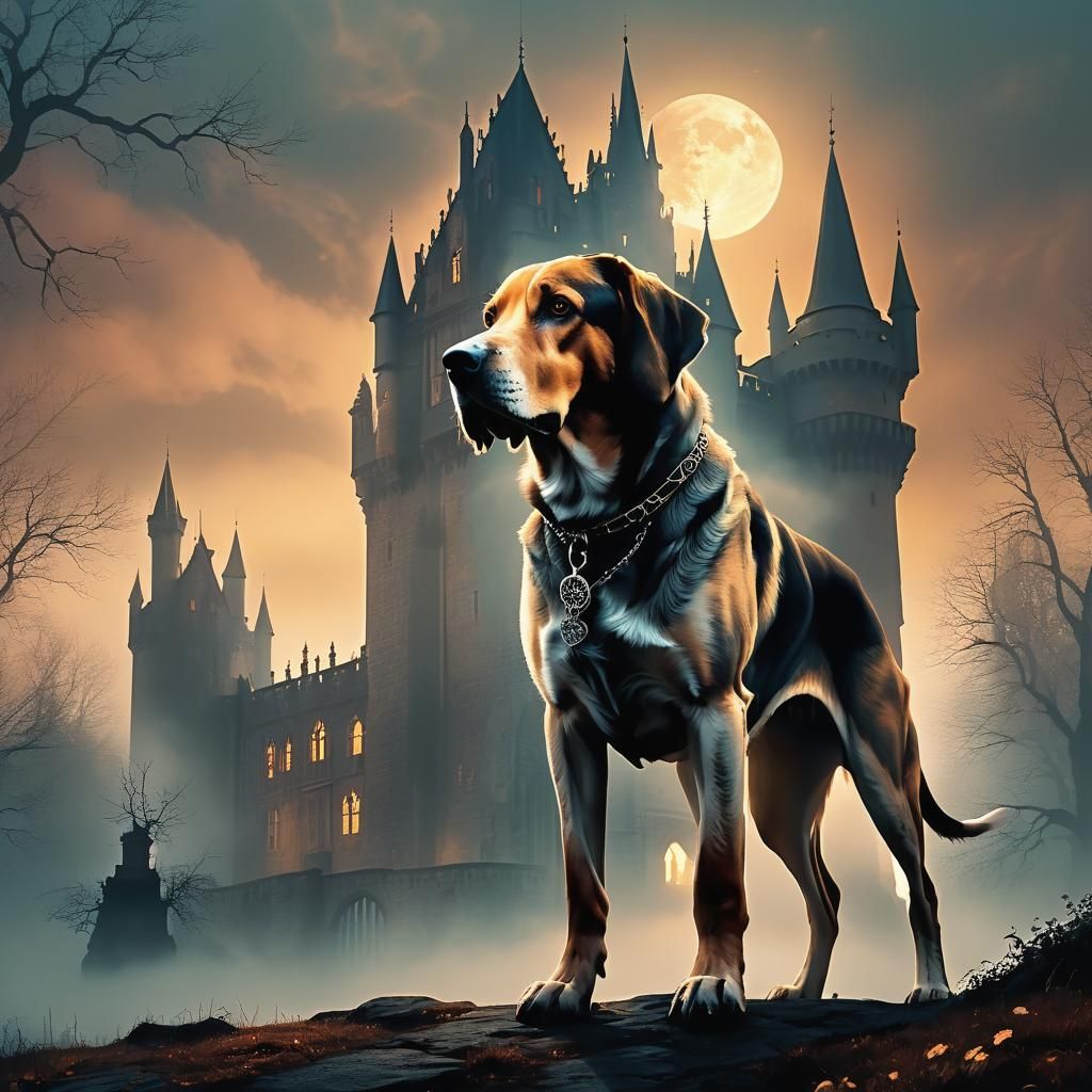 Hound in Front of Gothic Castle: Fantasy Matte Painting