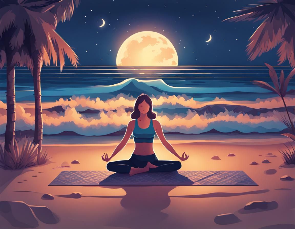 Woman Doing Yoga on Beach at Midnight