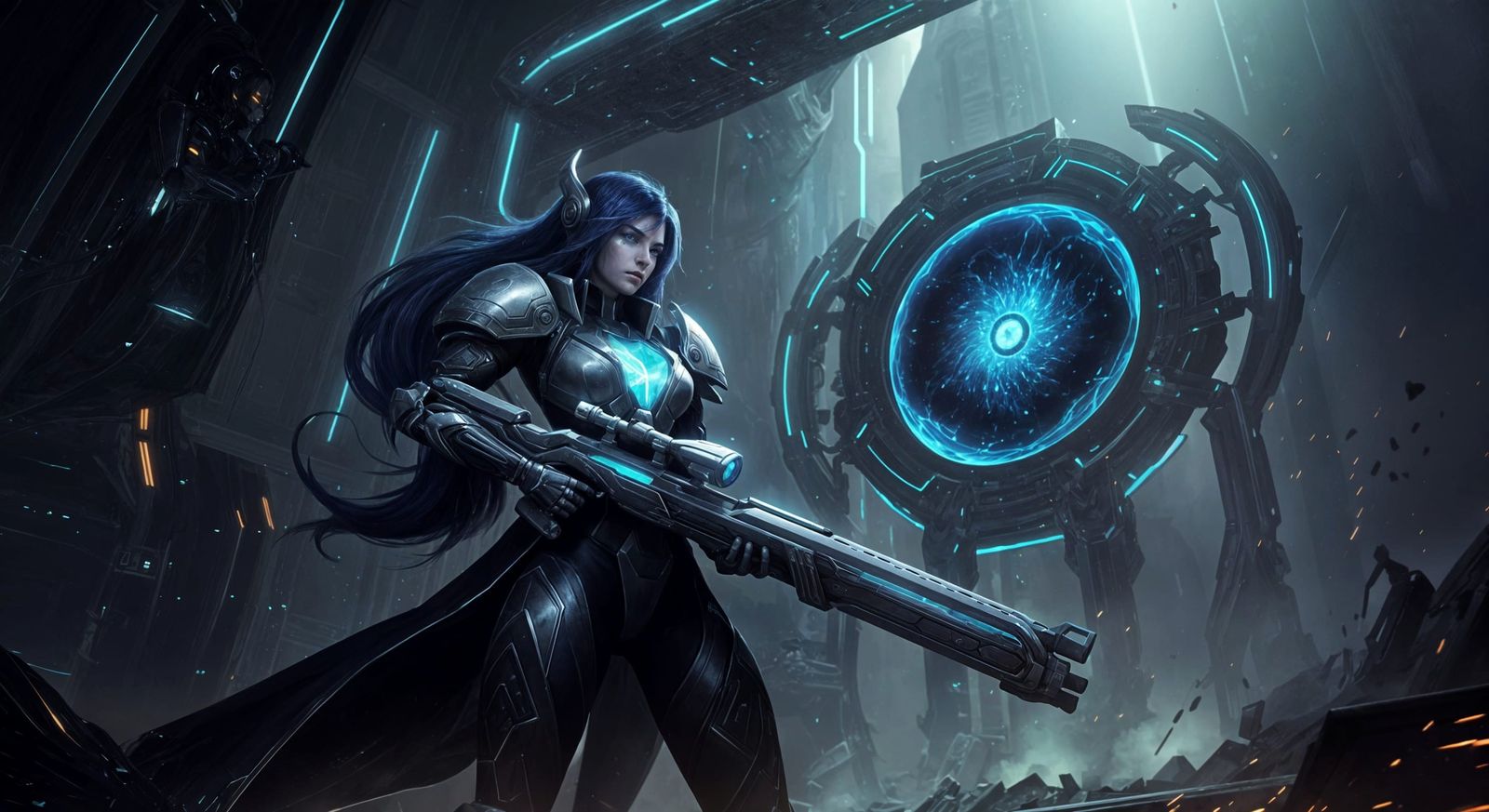 Futuristic Warrior Confidently Wields Sniper Rifle in Cyberp...