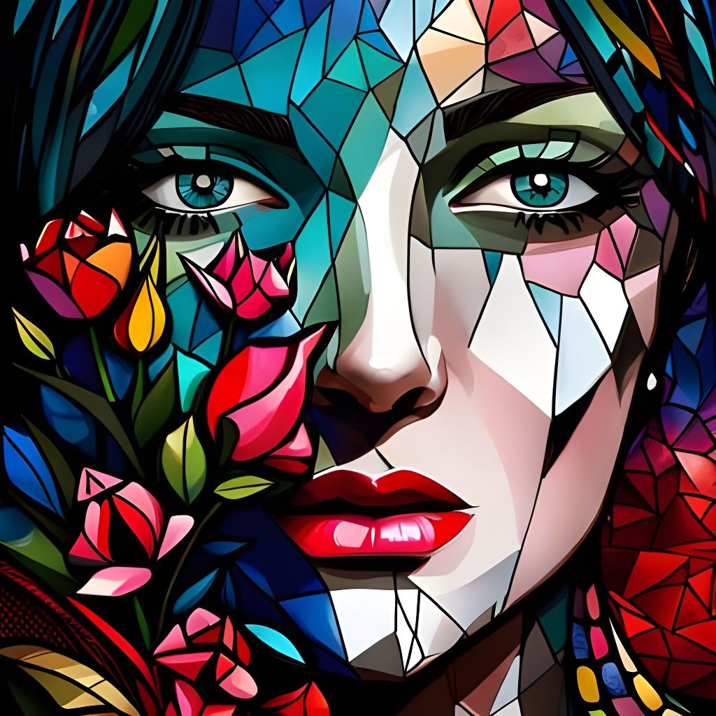 Floral Woman Portrait in Stained Glass Mosaic Style