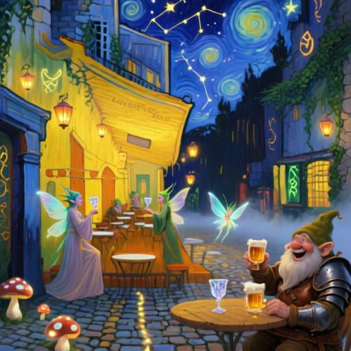 Fantasy Cafe Terrace at Night Reimagined in Post-Impressioni...