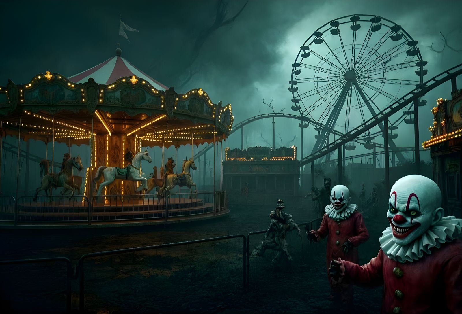 Eerie Funfair with Fierce Clowns in Photorealistic Style