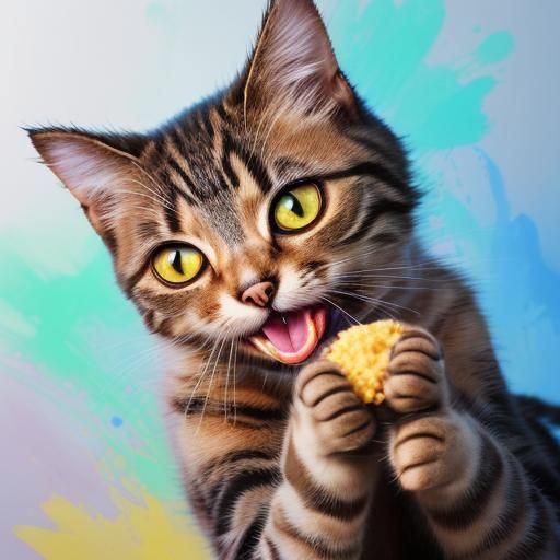 Hyperrealistic Cat Eating Food in Splash Art Style