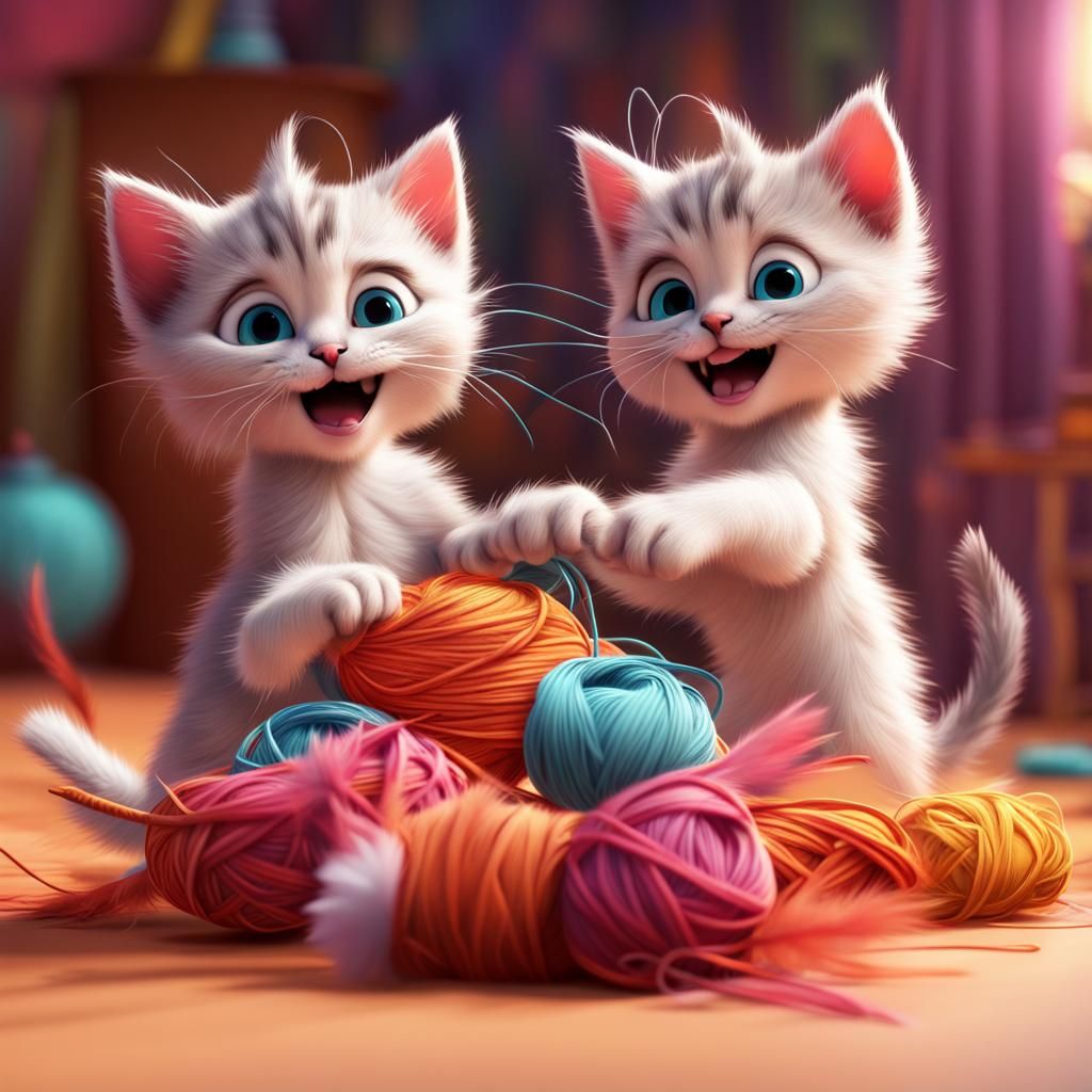 Kittens Play with Yarn: 3D Digital Art