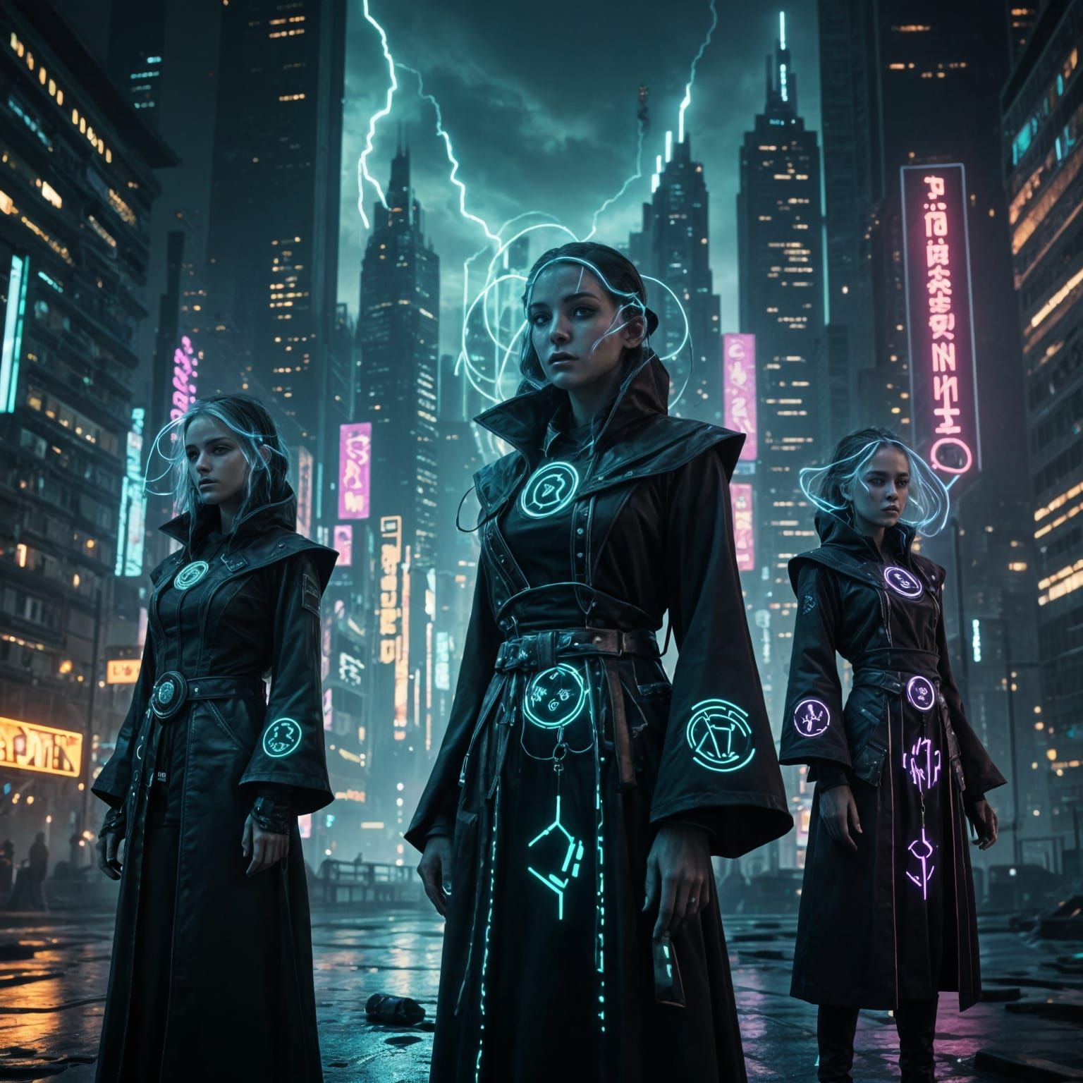 Cyberpunk Witches in Dystopian Cityscape