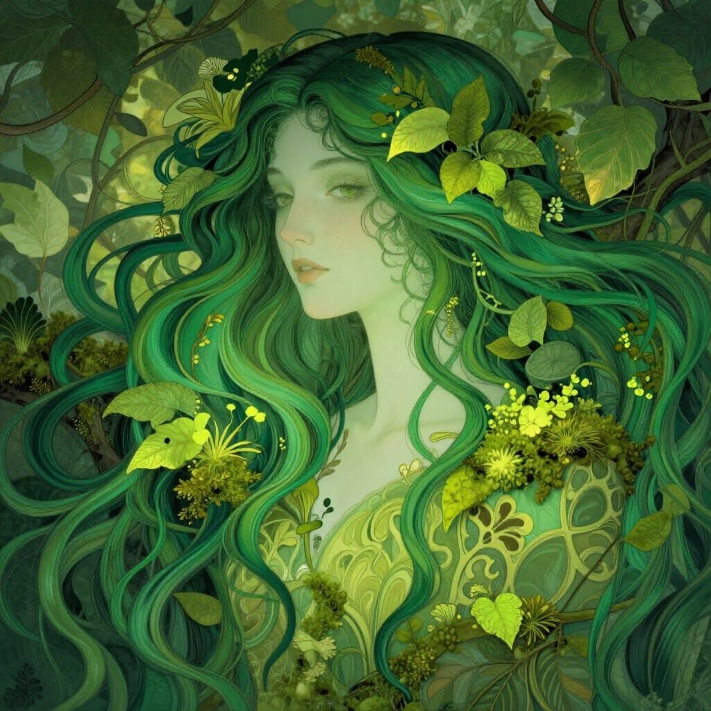 Stylized Woman Portrait with Verdant Green Hair and Foliage