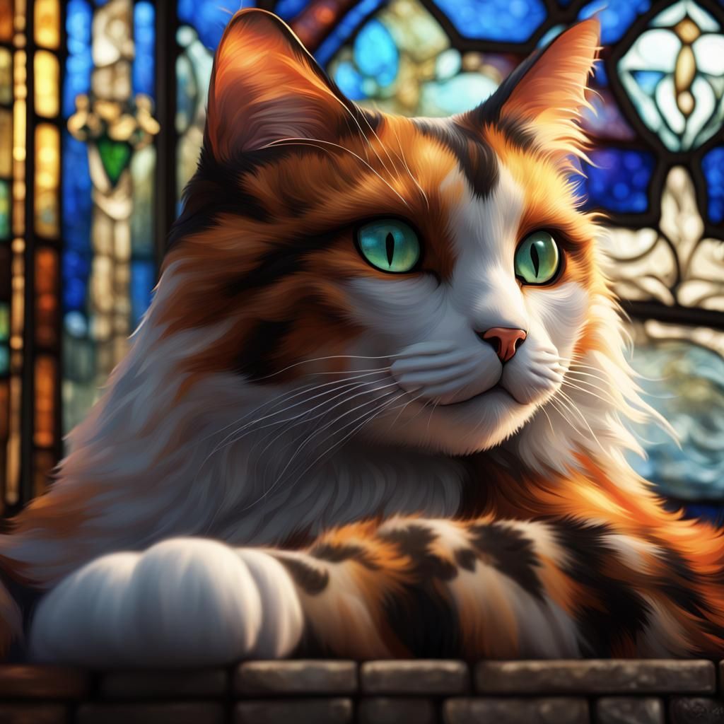 Calico Cat Portrait in Front of Stained Glass
