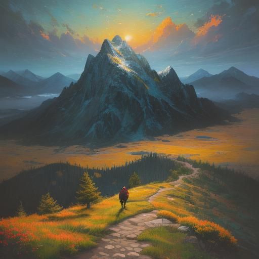 Woman and Mastiff Hiking Mountain Trail as Impasto Painting